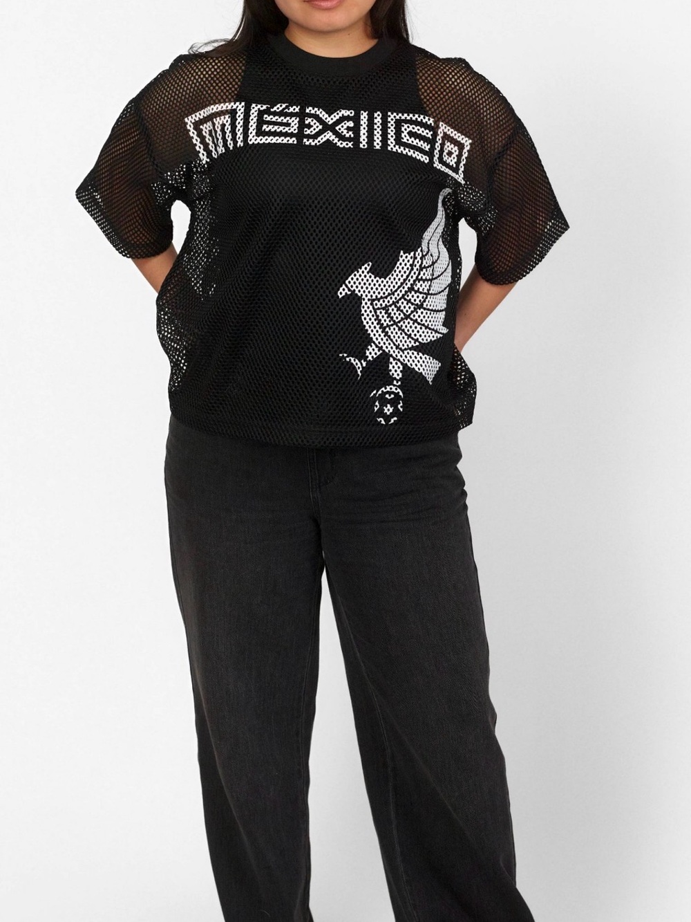 Black Mexico Mesh Graphic Tee with White Eagle Print - Picture 5 of 5